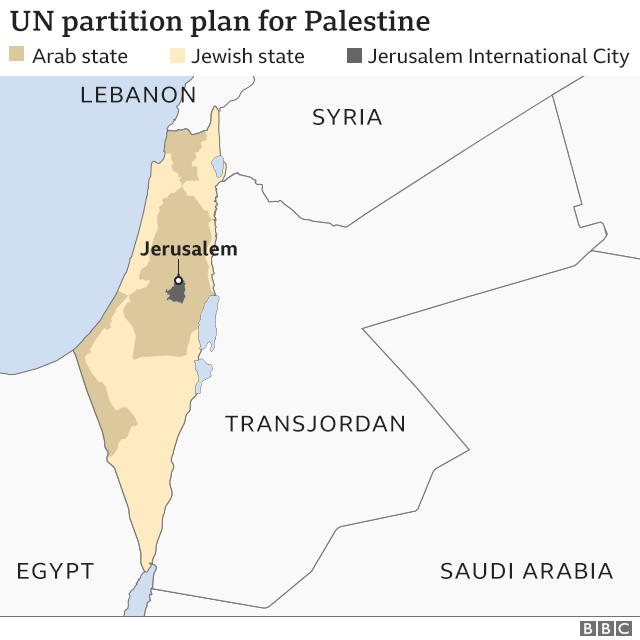 Rencana pembagian wilayah antara Israel dan Palestina oleh Persatuan Bangsa-Bangsa yang dibuat tahun 1947. Peta pembagian wilayah ini diterima oleh Yahudi Palestina tapi ditolak oleh para pemimpin Arab (Foto: BBC/ THE EDITOR)