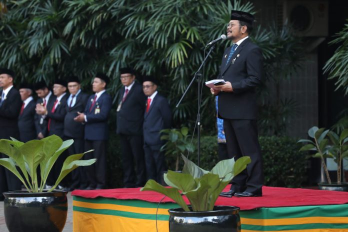 Menteri Pertanian Syahrul Yasin Limpo saat memimpin upacara Hari Krida Pertanian di Kantor Pusat Kementan, Rabu (21/6).
