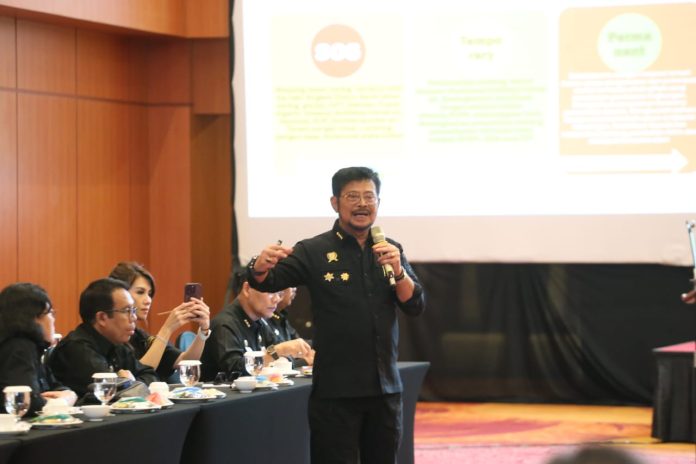 Menteri Pertanian Syahrul Yasin Limpo (Mentan SYL) dalam Rapat Koordinasi (Rakor) Antisipasi Dampak El Nino Provinsi Kalsel di Banjarmasin, Jumat, 11 Agustus 2023 (Foto: Humas Ditjen Prasarana dan Sarana (PSP) Pertanian Kementerian Pertanian/ THE EDITOR)