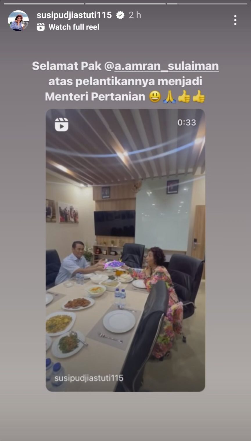 Ucapan selamat mantan Menteri Kelautan dan Perikanan Republik Indonesia Susi Pudjiastuti kepada Amran Sulaiman yang kembali menjadi Menteri Pertanian Republik Indonesia. (Foto: Instagram @susipudjiastuti115/THE EDITOR)