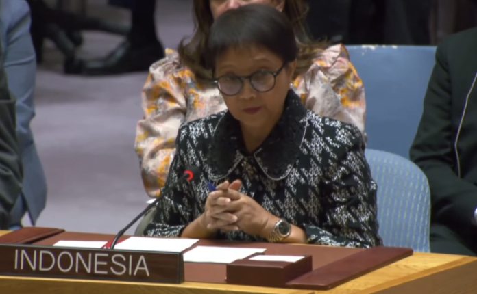 Menlu Retno Marsudi di Debat Terbuka DK PBB di New York, Amerika Serikat, Selasa (23/1). (Foto: YouTube United Nations/THE EDITOR)