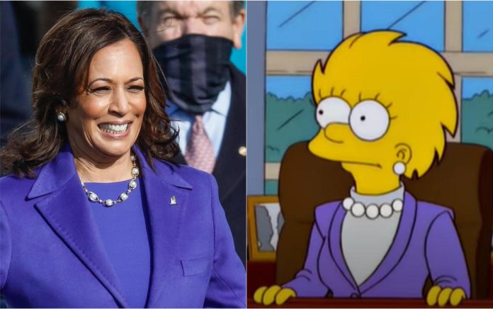 Wakil Presiden Kamala Harris mengenakan pakaian yang sangat mirip dengan pakaian Presiden Lisa dalam serial The Simpsons pada hari pertamanya menjabat (Foto: CBS/THE EDITOR)