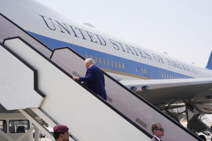 President Donald Trump boards Air Force One to depart Al Udeid Air Base, May 15, 2025, in Doha, Qatar (PHOTO: Alex Brandon/AP/POLITICO.COM)