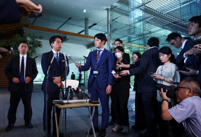 Japan's Agriculture, Forestry and Fisheries Minister Shinjiro Koizumi speaks to reporters meeting with Prime Minister Shigeru Ishiba at Ishiba's official residence in Tokyo on Wednesday (PHOTO: REUTERS/Issei Kato/JAPAN NEWS)
