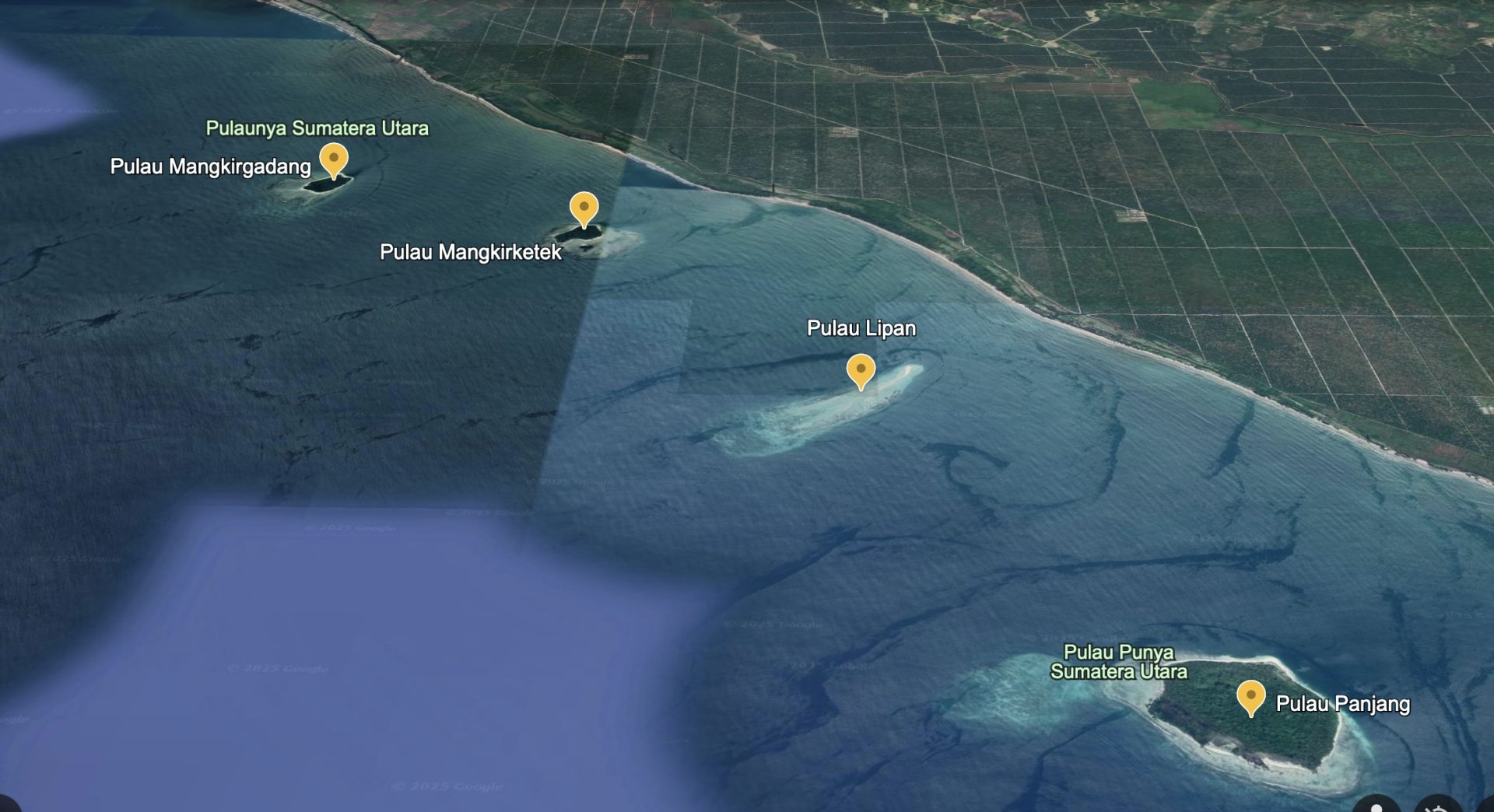Status 4 pulau sengketa berdasarkan hasil tangkapan Layar Google Earth pada Sabtu, 14 Juni 2025 pukul 01.30 WIB( FOTO: Google Earth/THE EDITOR)