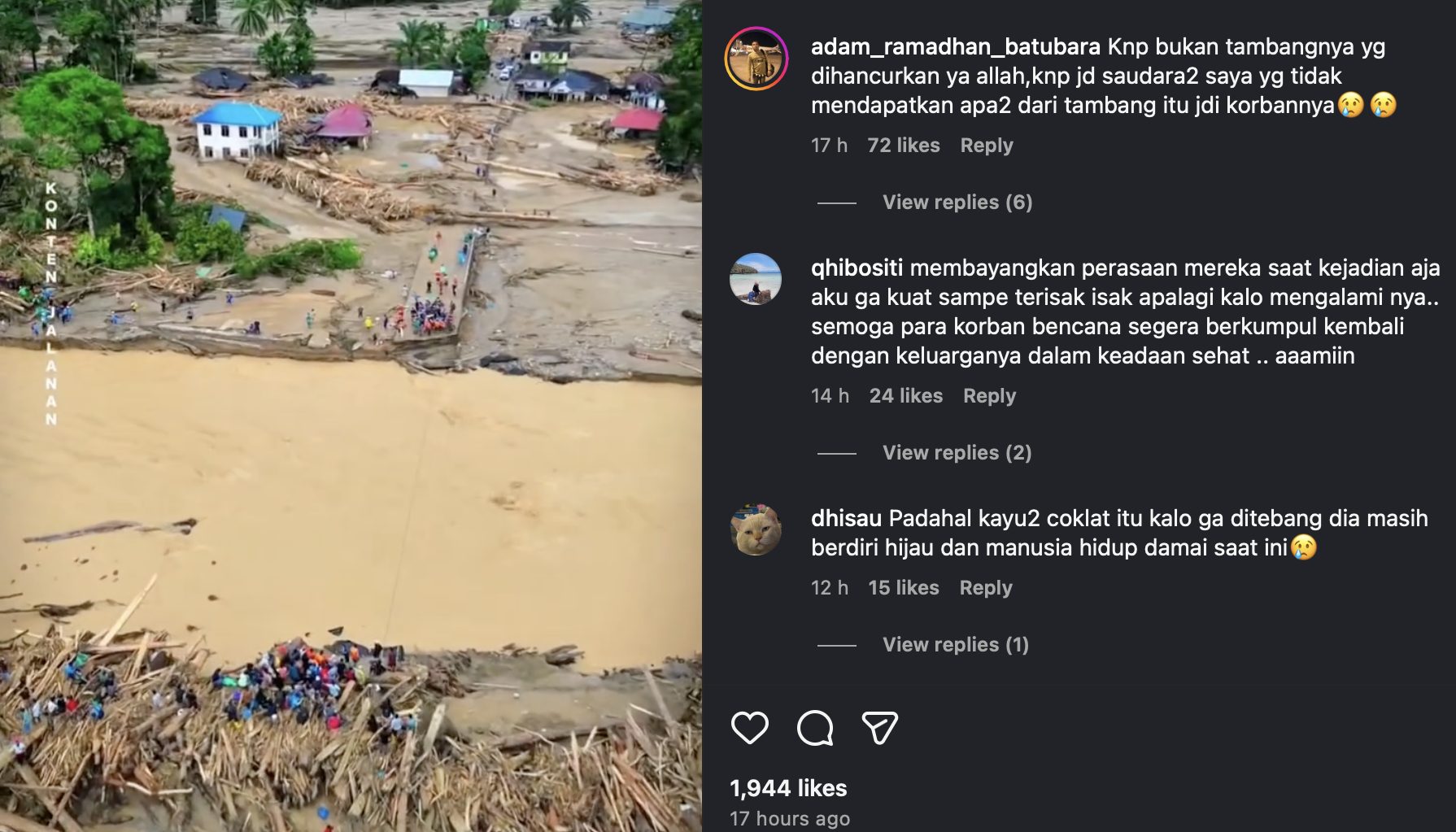 Piles of logs scattered left in Aek Garoga Village, Batangboru Districk, South Tapanuli after deadly floods hits the area on Wednesday (26/11/2025). (Photo: Instagram @infopspcom/THE EDITOR)