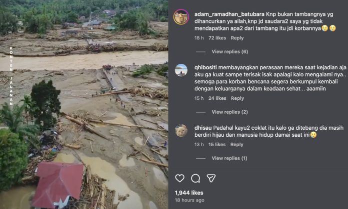 Ratusan ton kayu raksasa yang terbawa oleh banjir kini menjadi persoalan baru bagi warga Desa Aek Garoga, Kecamatan Batangtoru, Tapanuli Selatan, Sumatera Utara. (FOTO: @SAN’jaya melalui akun Tiktok/THE EDITOR)