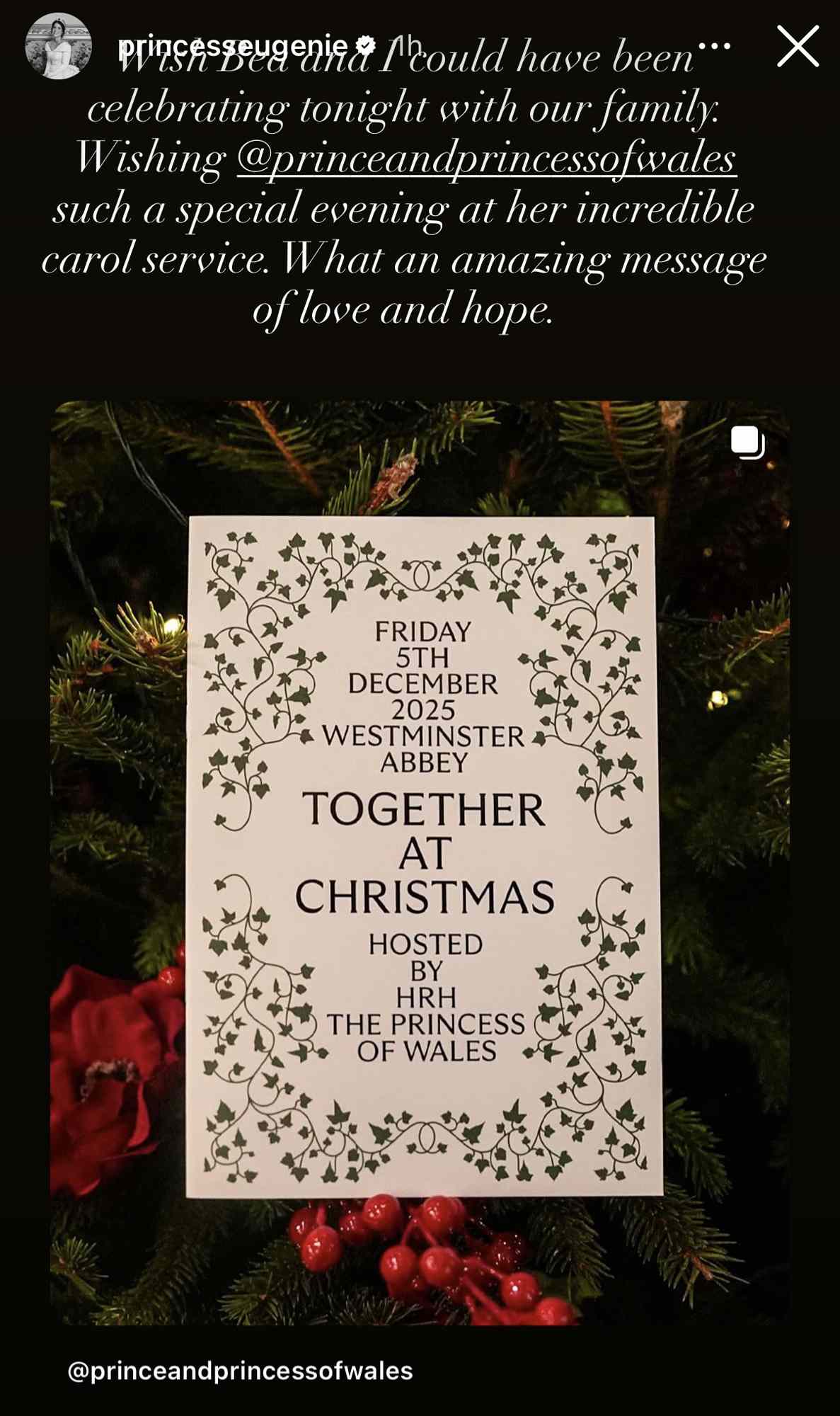 Priness Eugenie's Instagram Stories on Dec. 5, 2025. (Photo: Princess Eugenie/Instagram)
