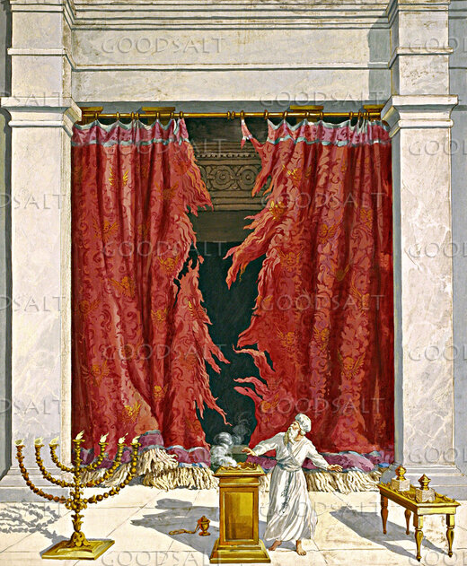 Ilustrasi Tabir Bait Allah yang sobek saat gempa terjadi usai kematian Yesus (Foto: Goodsalt)