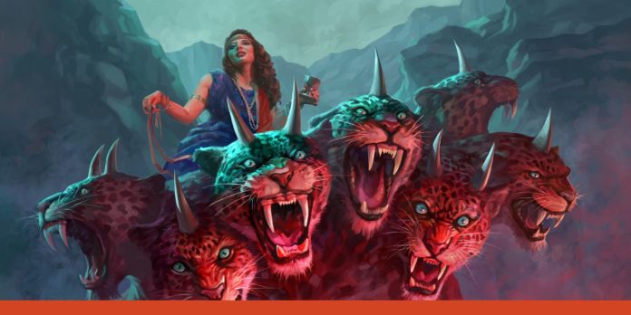 Seekor binatang buas berwarna merah marak dengan tujuh kepala dan sepuluh tanduk, yang ditunggangi oleh wanita di atas merupakan simbolis dari ”Babilon Besar”. Hewan ini diungkapkan oleh Yohanes, murid Yesus Kristus dalam Buku Wahyu dalam Alkitab (FOTO: JW.ORG).