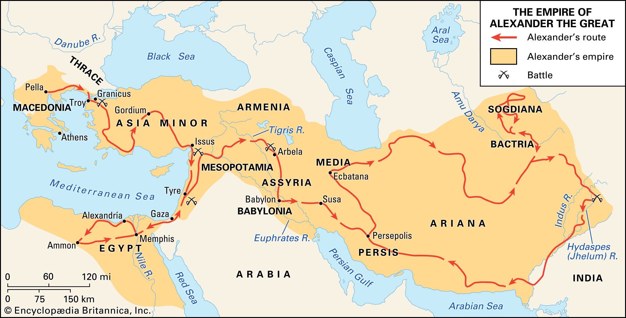 Penaklukan Aleksander Agung menyebarkan peradaban dan kebudayaan Yunani ke Asia dan Mesir. Kekaisarannya yang luas membentang ke arah timur hingga ke India. (Foto: britannica.com).
