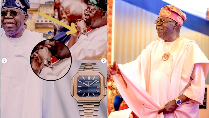 (Kanan) Dalam acara pengangkatan Presiden Ghana, John Mahama, terlihat Presiden Bola Ahmed Tinubu memakai jam tangan Patek Philippe Cubitus senilai 2,7 Miliar yang diunggah di Instagram pada tanggal 8 Januari 2025. (Foto: Instagram resmi Presiden Presiden Bola Ahmed Tinubu @officialasiwajubat/THE EDITOR) (Kiri) sosial media Instagram bernama @blackxcellencee memuat tentang edisi jam tangan kesukaan Sang Presiden yang sangat fantastis yang diunggah pada 29 Desember 2025 . (Foto: Instagram @blackxcellencee/THE EDITOR)