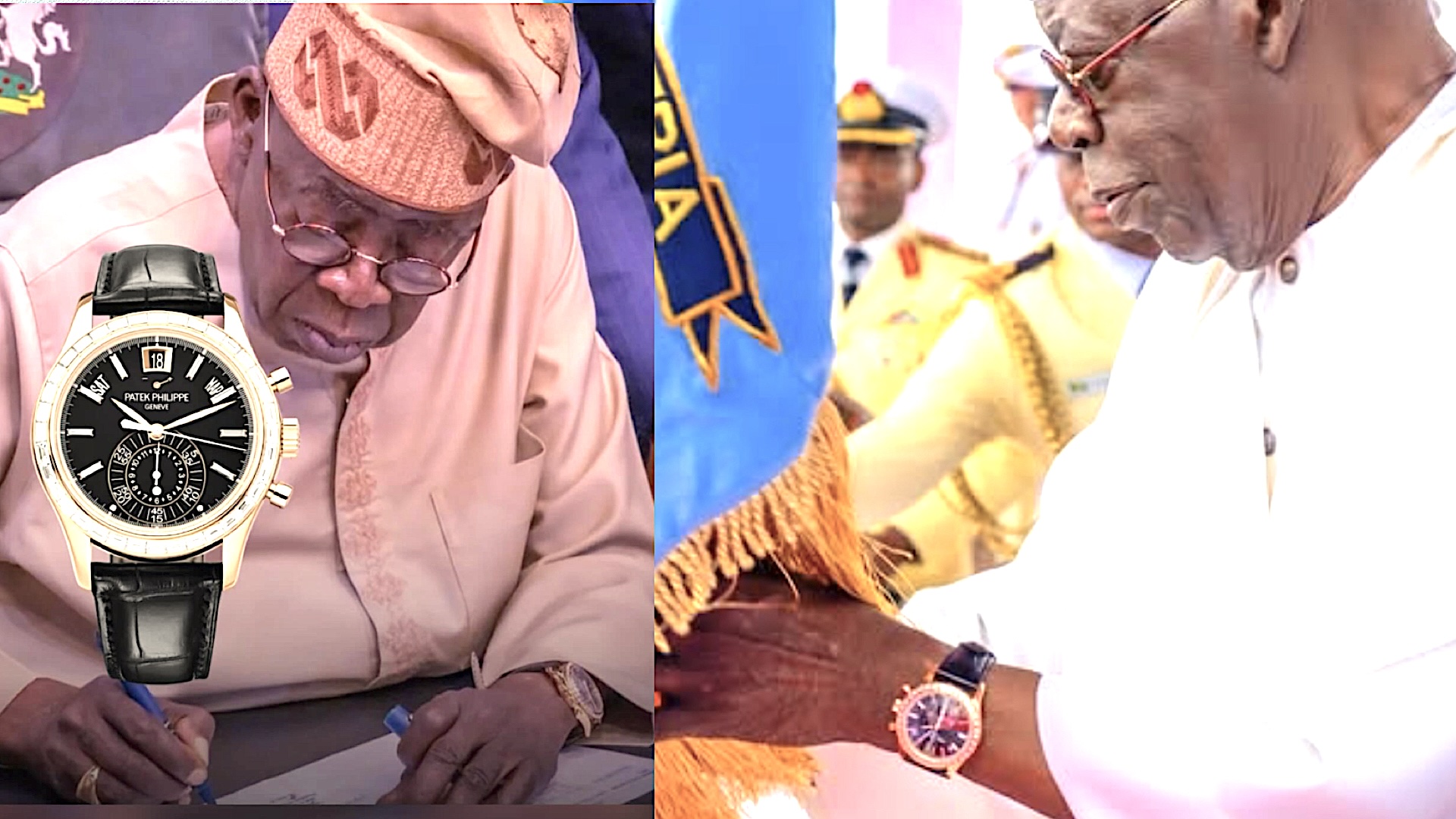 (Kiri) Instagram @blackxcellencee merilis jam tangan terbaru milik Presiden Tinubu. (Kanan) Dalam acara Forum Presiden Afrika, Presiden Tinubu terlihat memakai jam tangan berbahan tali kulit nan mewah ini saat didapuk sebagai pembicara (Foto: Instagram resmi Presiden Presiden Bola Ahmed Tinubu @officialasiwajubat/THE EDITOR)